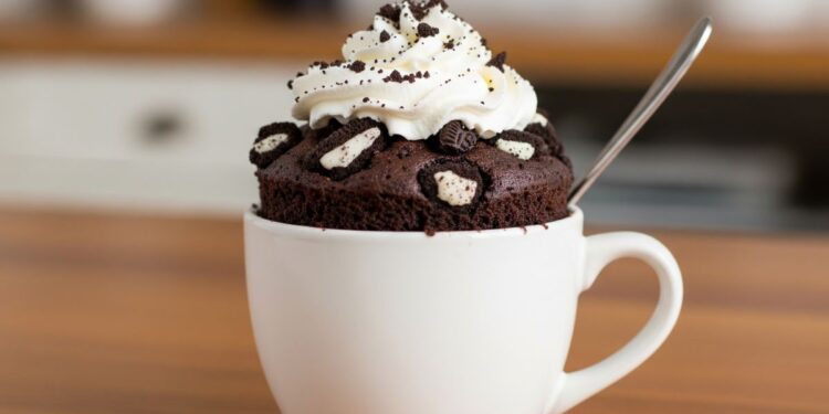 Bolo de Oreo na caneca em uma xícara branca, decorado com chantilly e biscoitos Oreo triturados, em uma mesa de madeira.