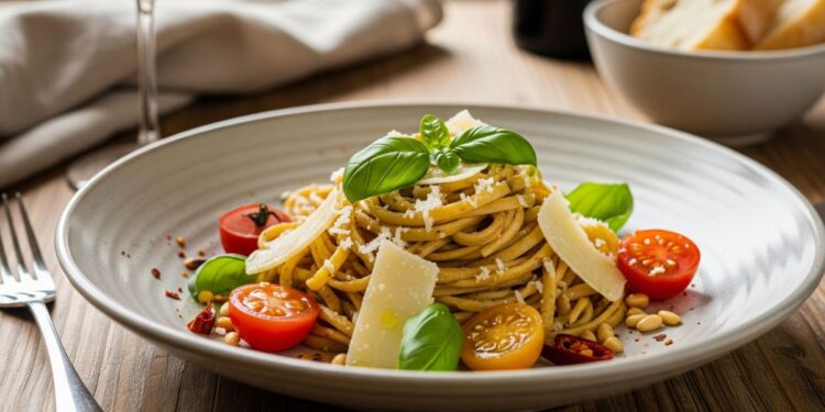 Imagem de um prato de massa com pesto, queijo e manjericão, demonstrando os segredos para deixar qualquer prato mais saboroso.
